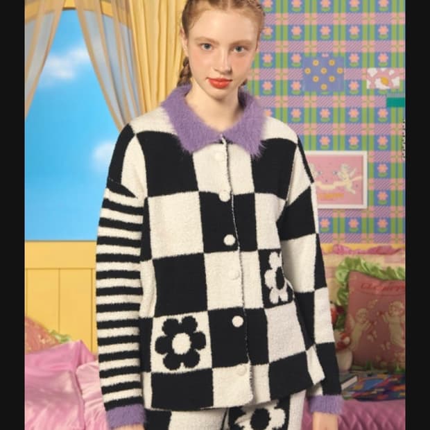 위글위글 플라워 체크 홈웨어 잠옷 세트