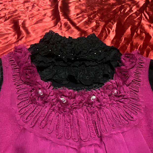 갸루 핫핑크 장미 디테일 나시 빈티지