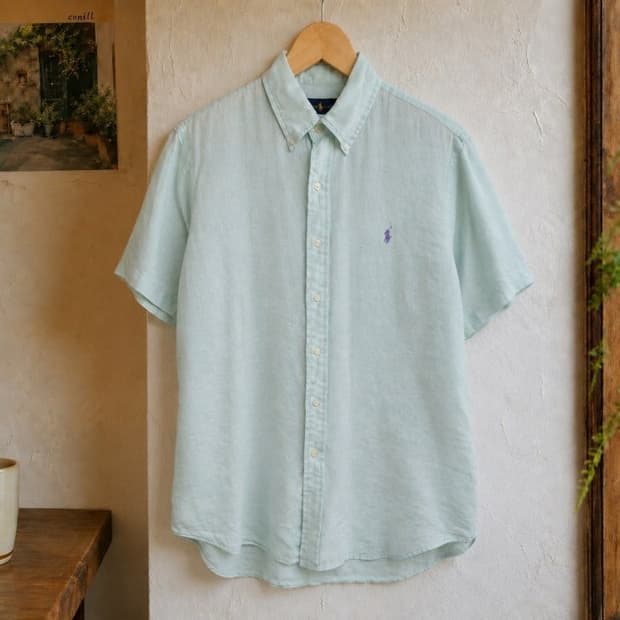 100 POLO 폴로 랄프로렌 반팔 린넨 셔츠 버튼다운 레귤러핏 민트