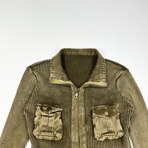 VTG 빈티지 워싱 카키 골지 집업 (XS 여성추천)