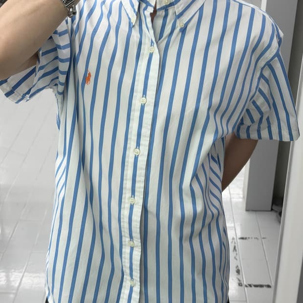 폴로 랄프 로렌 블루 스트라이프 포플린 반팔 셔츠