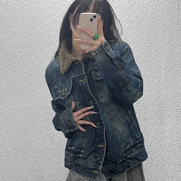 버커루 핀터감성 빈티지 데미지 워싱 퍼 데님 자켓 L C08364