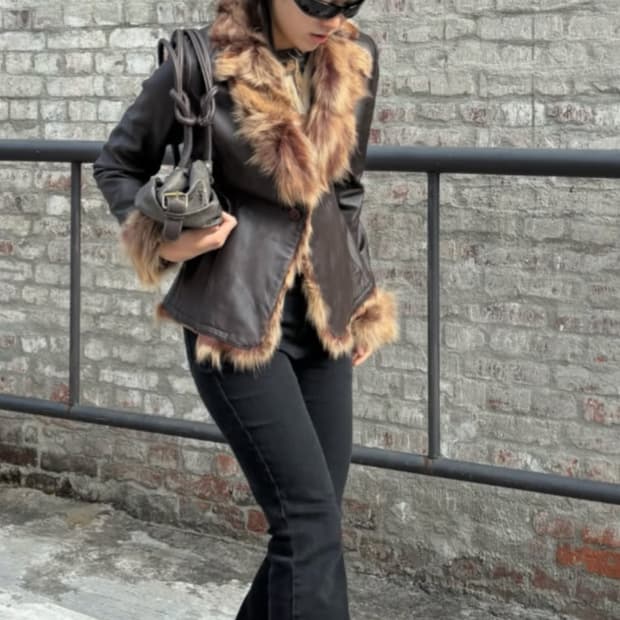 양가죽 레더 퍼 재킷 밀크초코컬러 y2k