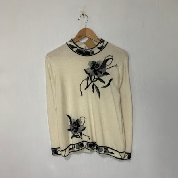 아이보리 플라워 패턴 일본 빈티지 캐시미어 100% 여성 니트