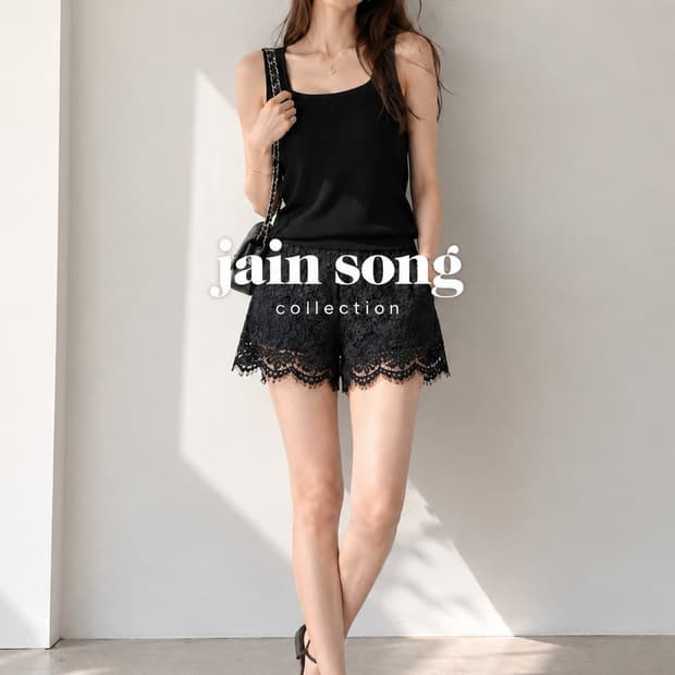 제인송 레이스 숏팬츠 블랙. 비이커 자수 카라 퍼프가디건