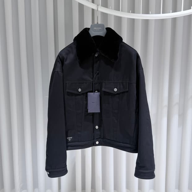 (S+/L) / 프라다 불 데님 넥 시어링 블루종 봄버 자켓 블랙