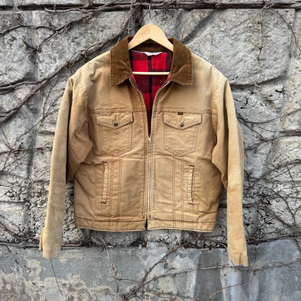 70s 키임페리얼 버팔로 체크 페이딩 캔버스원단 트러커 워크 자켓