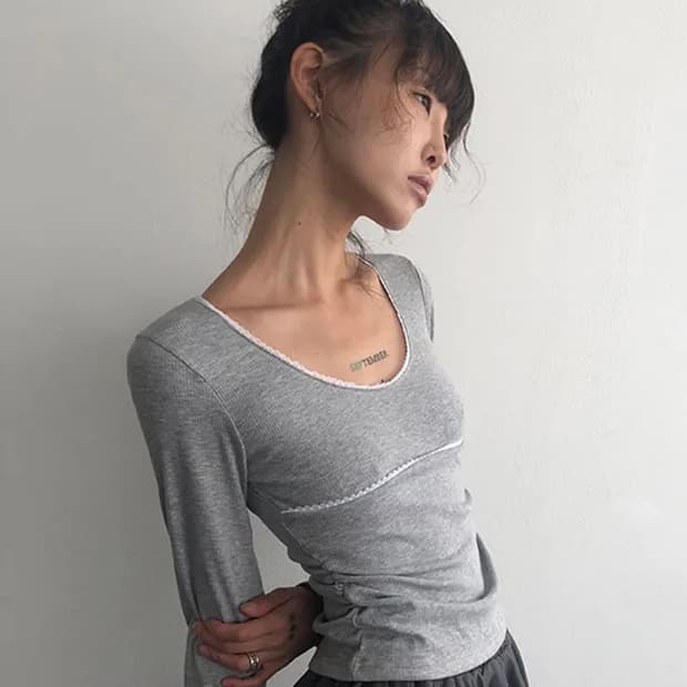 더에펠 레이스 셔링 유넥 데일리 티셔츠 그레이