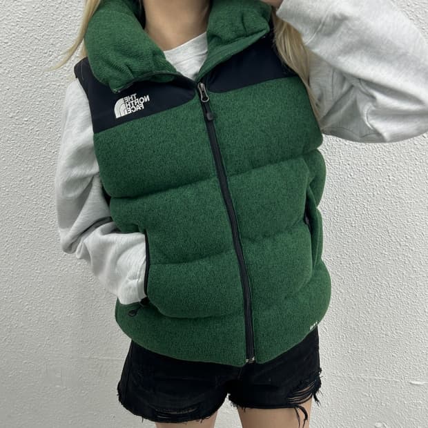 노스페이스 블랙배색 로고 딥그린 니트 패딩조끼 80