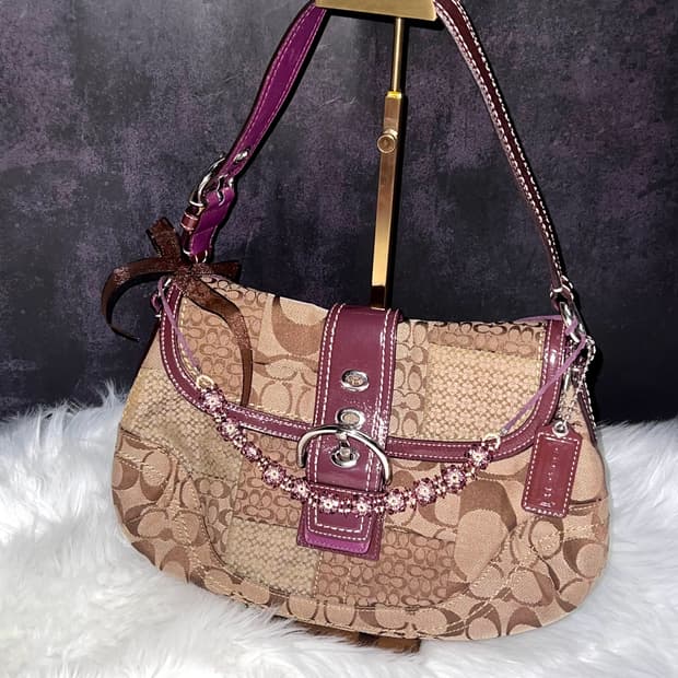 90s coach 시그니처 패치워크 캔버스 딥 퍼플 레더 트리밍 숄더백