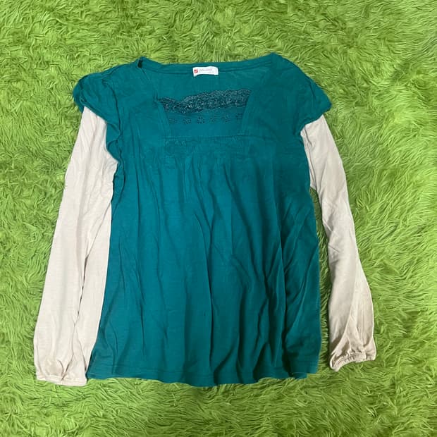 하구미 st 빈티지 레이어드 청록면티