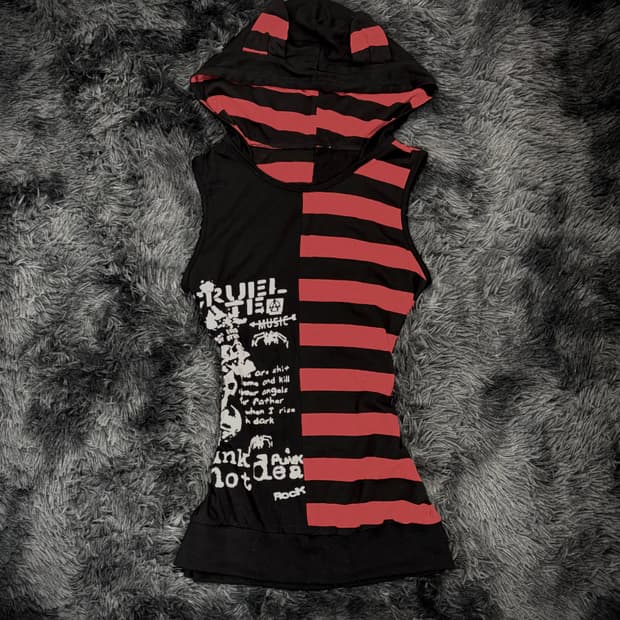 Y2K 키치 캣이어 후드 스트라이프 슬리브리스