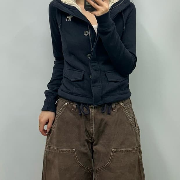 아베크롬비 y2k 와투케 산양로고 네이비 울프죠 양털 후드 자켓