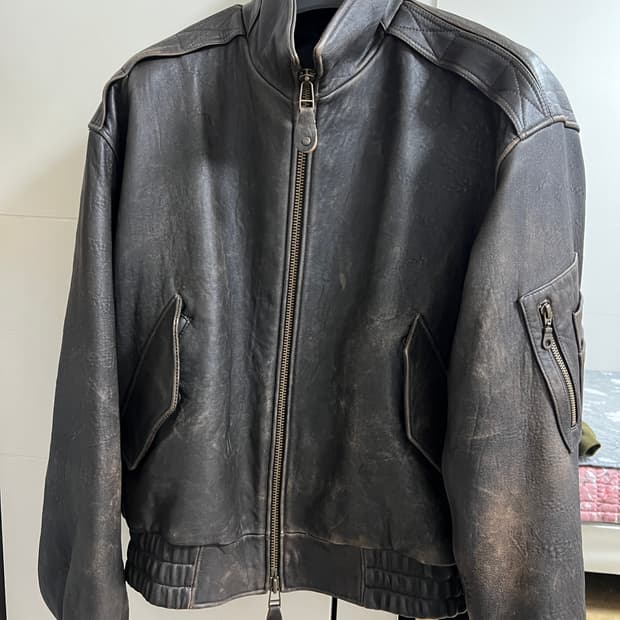 택포55) 쿠어 빈티지 쉘터 넥 카라 레더 자켓 L