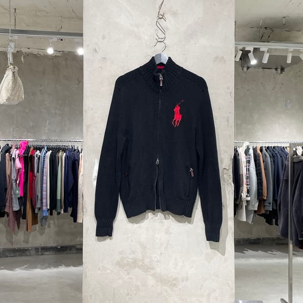 폴로 랄프로렌 블랙 빅 레드포니 투 웨이 집업 니트 자켓