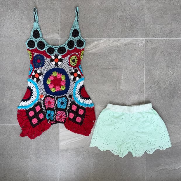 Mint red bohemian flower crochet ops