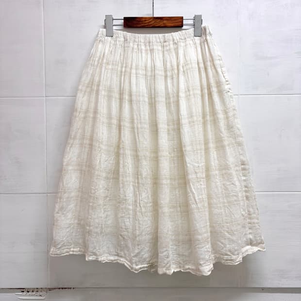Pual ce cin 아이보리 린넨 모리걸 페어리 체크 미디스커트 JPN