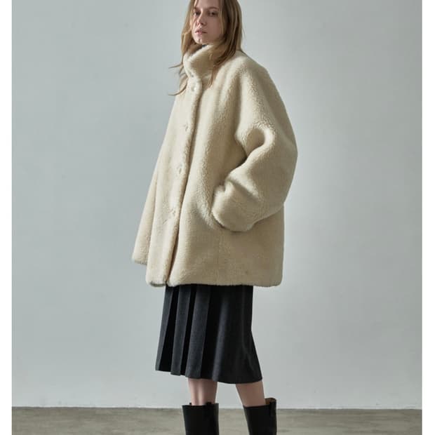 파사드패턴 램스울 퍼 하프 코트 cream XS 새상품