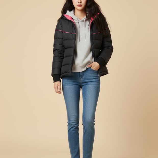 오니츠카 타이거[Onitsuka Tiger] 핑크 배색 후드 다운 패딩