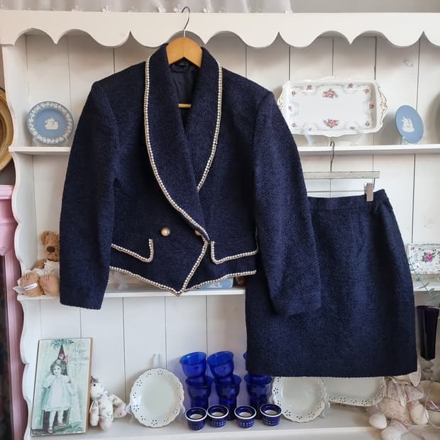 트위드 진주 트리밍 셋업 / 자켓+스커트 세트