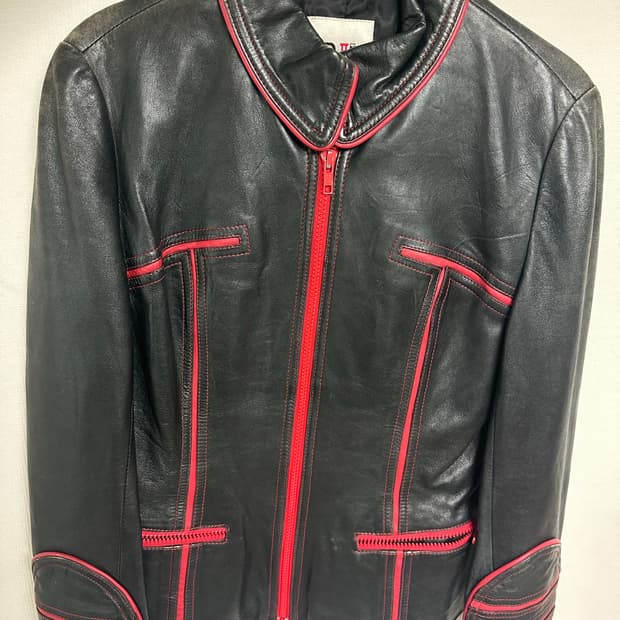 빈티지 블랙 레드 파이핑 라인 포인트 레더 자켓 가죽 집업