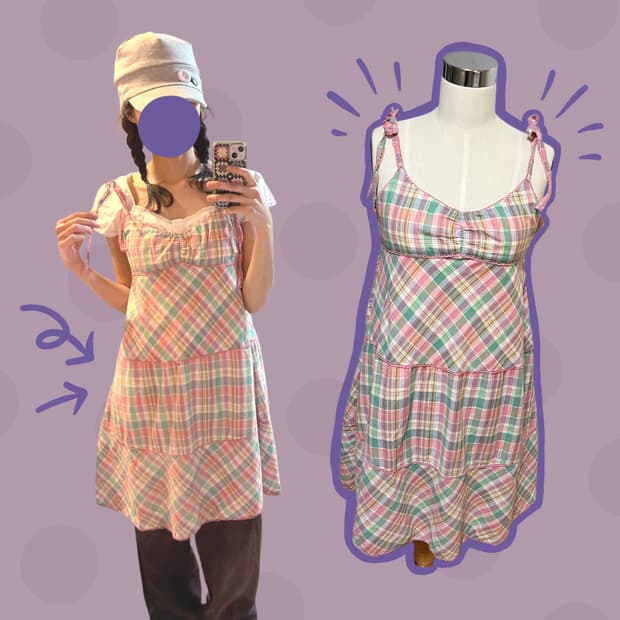 빈티지 코튼캔디 핑크 체크무늬 레이어드 원피스