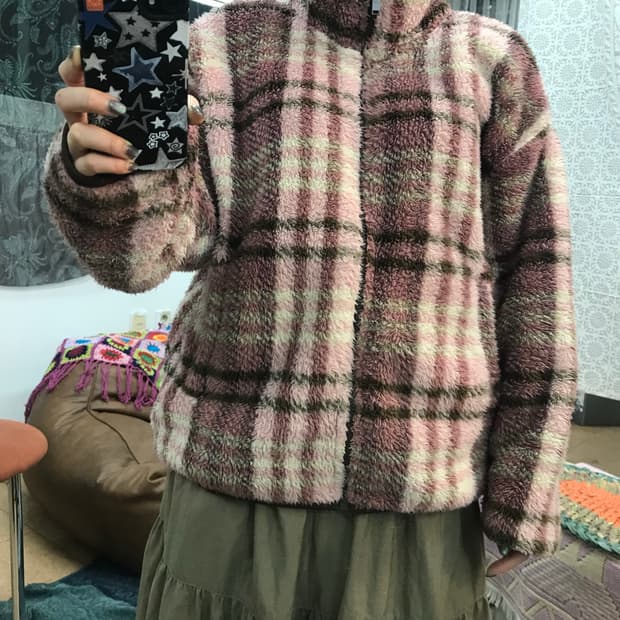 빈티지 체크 양털 후리스 자켓