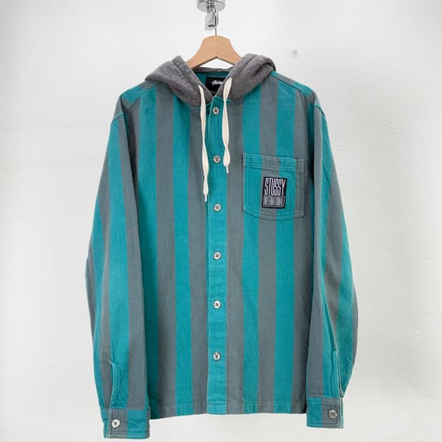 스투시 16fw 블루 스트라이프 후디 플란넬 셔츠 자켓