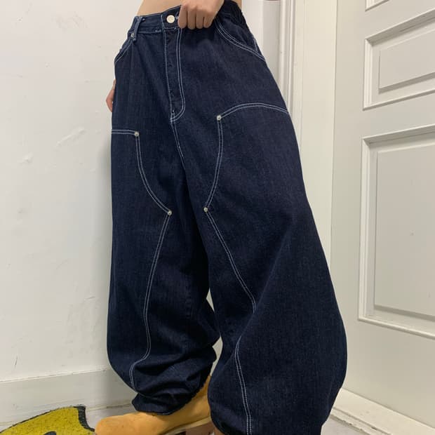 앵글런 더블니 데님 벌룬팬츠