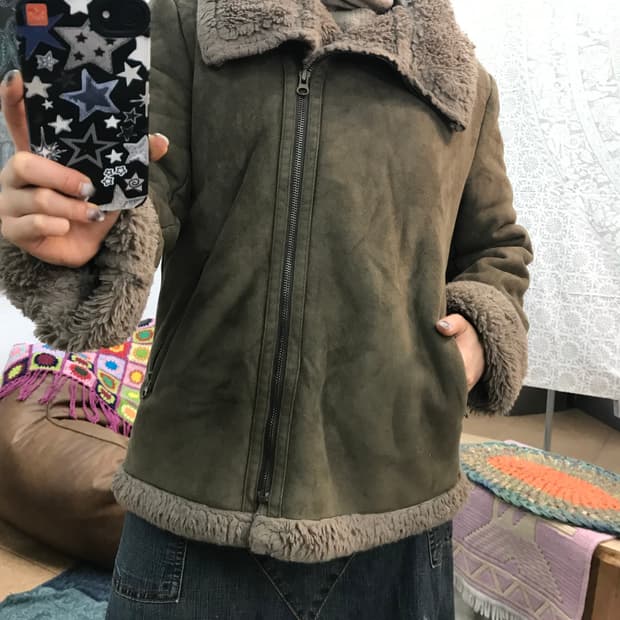 빈티지 여성 스웨이드 카키 무스탕 자켓 