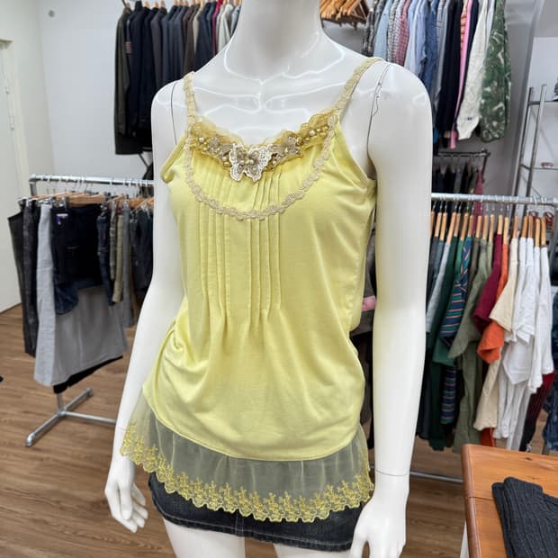 빈티지 Axes Femme 옐로우 레이스 슬리브리스