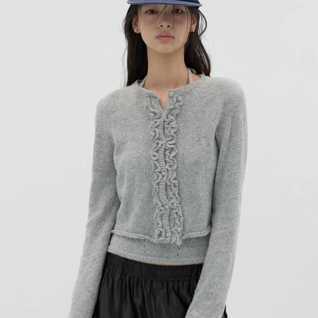 러플 울 니트 가디건 세트 멜란지 그레이