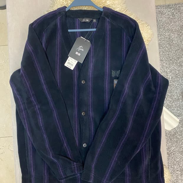 니들스 유니클로 플리스 후리스 가디건 블랙 퍼플 스트라이프 XL