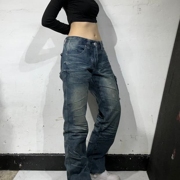 일본 빈티지 진청 워싱 새깅 와이드 데님 팬츠 L