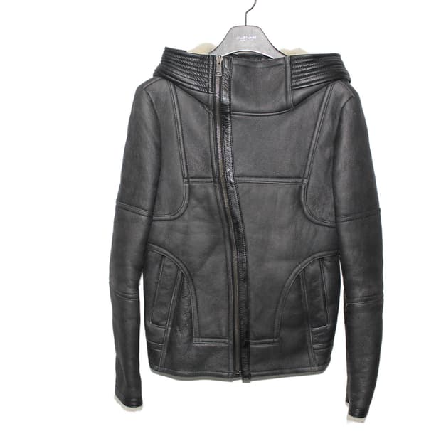 SYSTEM HOMME 하이넥 램스킨 시어링 후드 레더 자켓