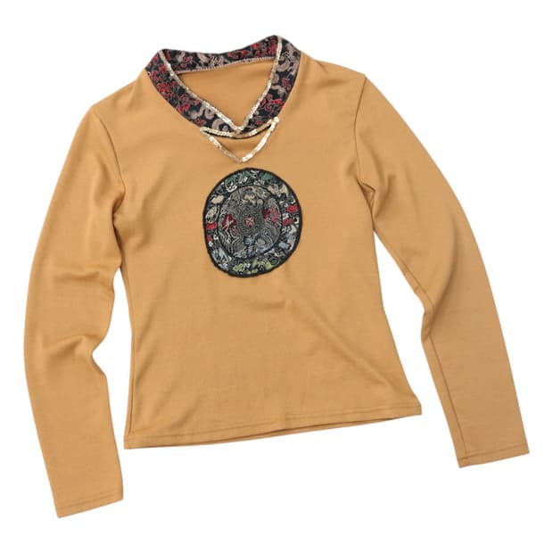 빈티지 에스닉 오리엔탈 자수 스팽글 머스타드 긴팔 티셔츠
