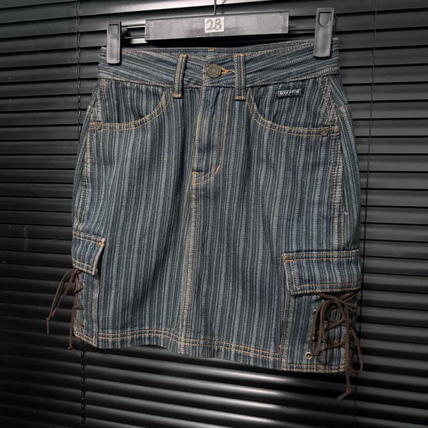 스컬프터 스트라이프 인디고 데님 청치마 웨스턴 가죽 끈 23 24 웨스턴