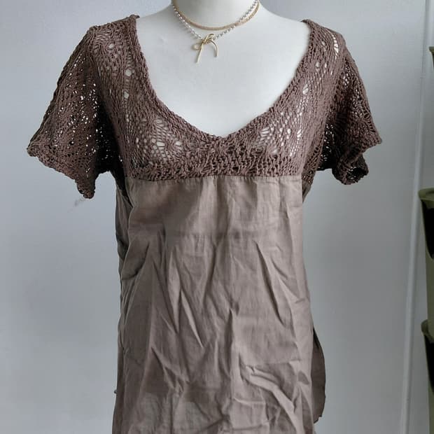 [히피룩] 브라운 크로셰 레이스 반팔 블라우스