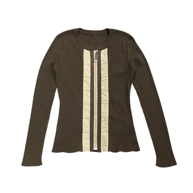 Rico 나일론 배색 브라운 골지 가디건