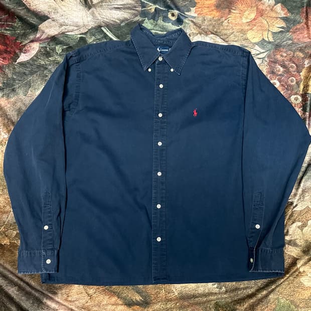 폴로 랄프로렌 빈티지 스몰 포니로고 네이비솔리드셔츠 L