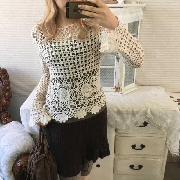 빈티지 아이보리 크로셰 하구미 니트