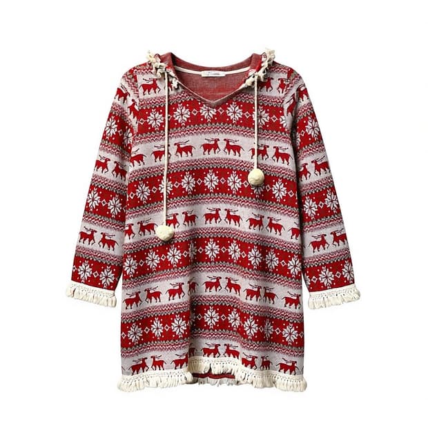 JPN VINTAGE 노르딕 패턴 니트 후드 태슬 디테일 레드