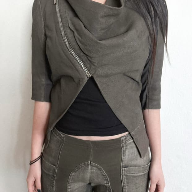 릭오웬스 2012 하이넥 드레이프 하프슬리브 바이커자켓