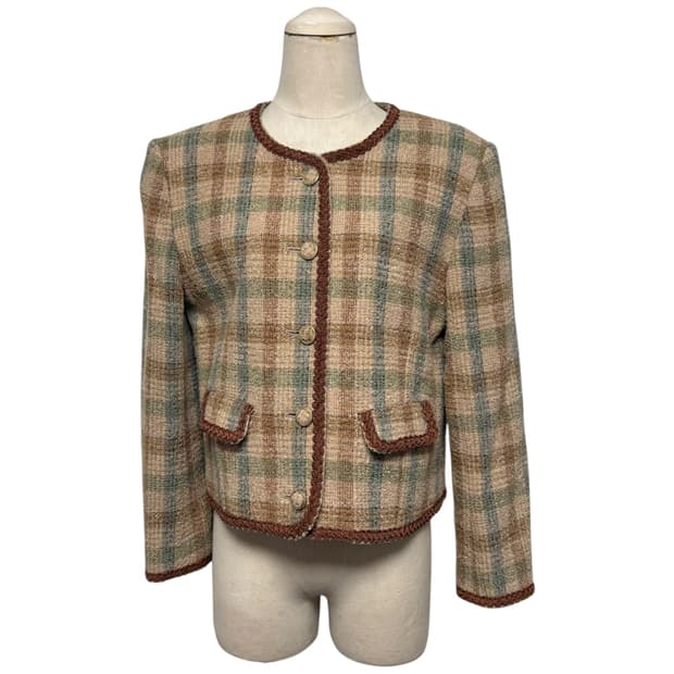 3847 JPN 브라운 체크 긴팔 울자켓 트위드자켓