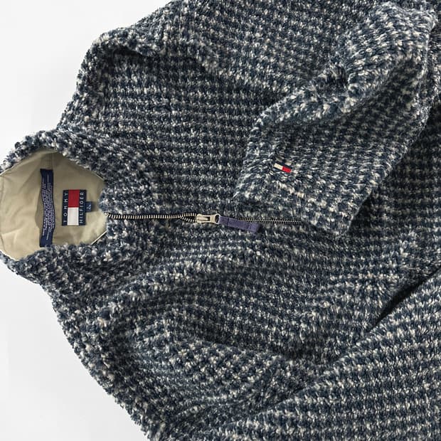 90s 빈티지 타미 힐피거 usa 부클 하운드 체크 하프 집 풀오버