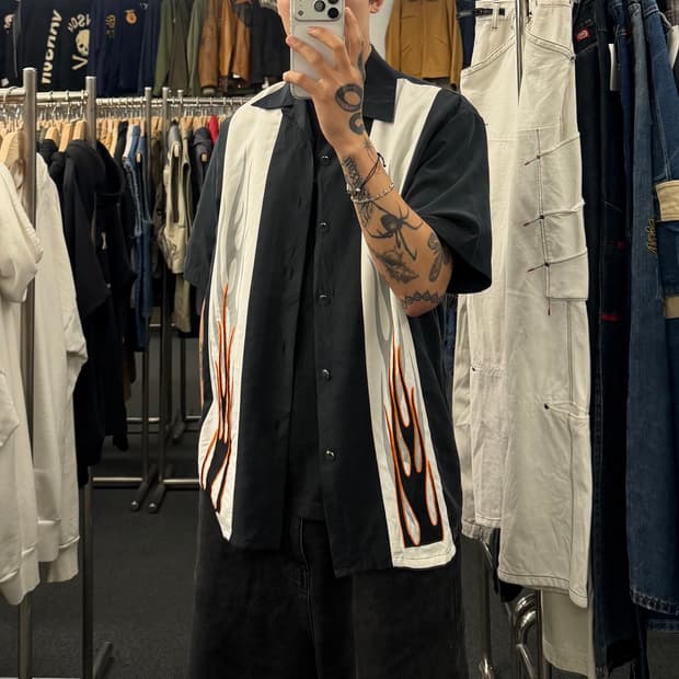 M) 할리데이비슨 빈티지 플레임 자수 반팔셔츠