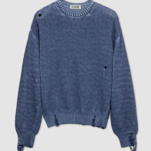 쿠어 컷아웃 디스트레스드 다잉 니트 (워시드블루) M사이즈