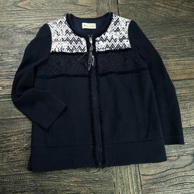 [잇미샤] 에스닉 패턴 카라리스 린넨 집업 자켓 네이비 M18857