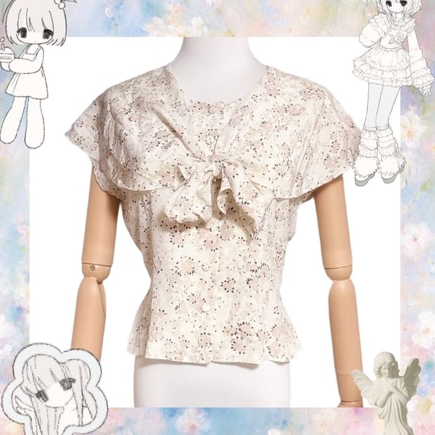 (이체시에눌) 일본 화이트 페어리 리본 케이프 플라워 반팔 블라우스