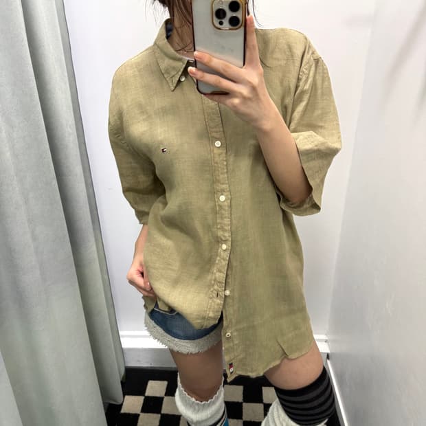 타미힐피거 카키 레귤러핏 린넨 반팔 셔츠